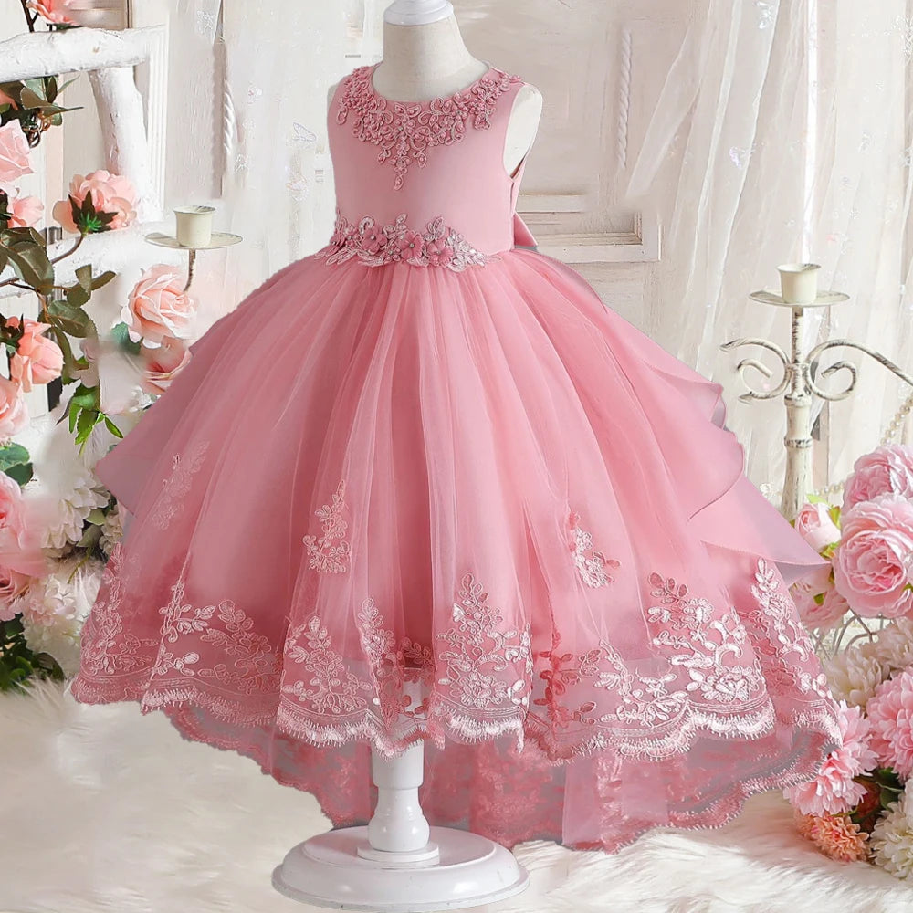 Prinzessinnenkleid für Mädchen mit Tüll & Stickerei – Rosa Partykleid mit Schleife & Schleppe – Für Geburtstag, Show & festliche Anlässe