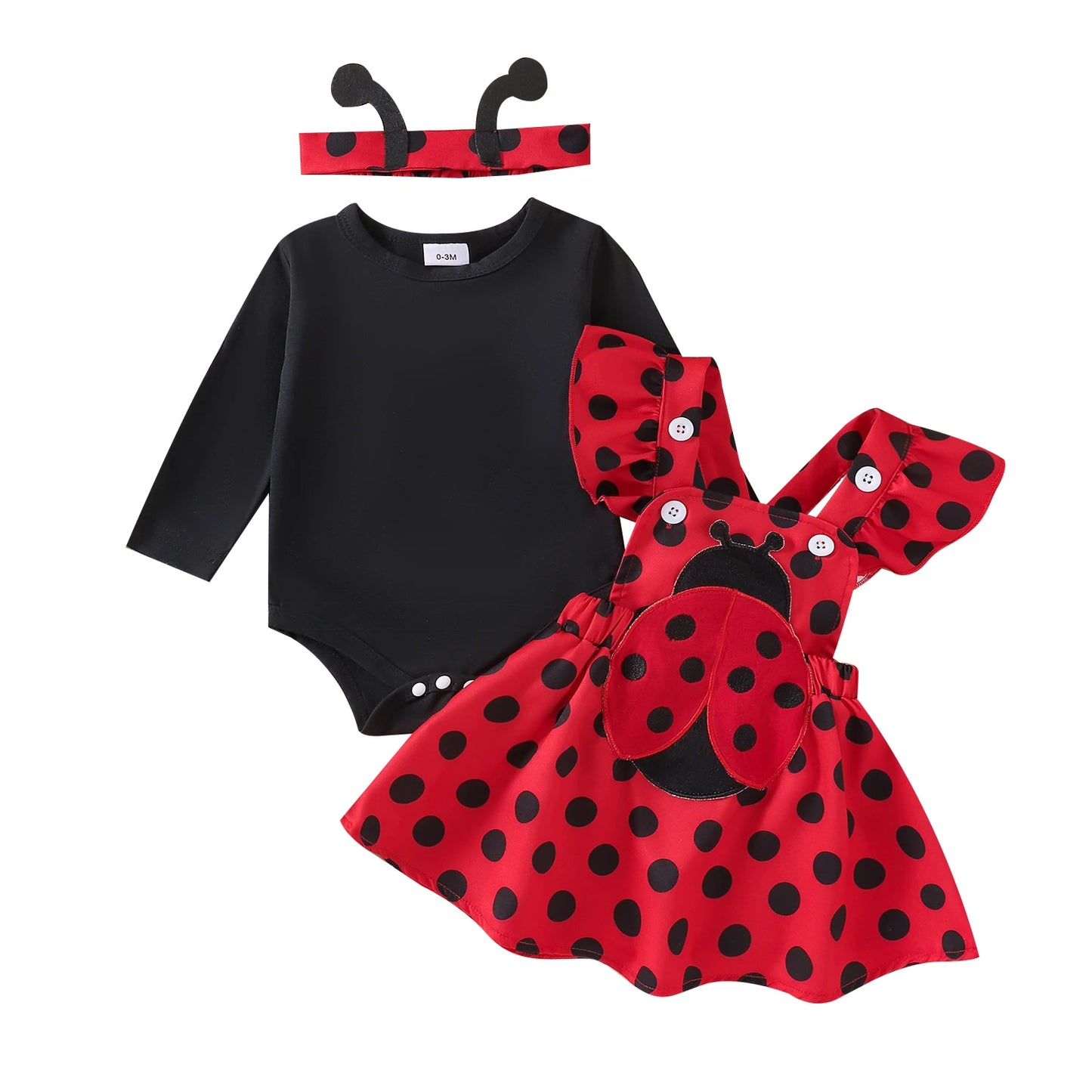 Herbst-Outfit für Baby-Mädchen – 3-teilig: Langarm-Romper mit Flügelärmeln, Trägerkleid mit Bienen-/Marienkäfer-Stickerei & Haarband – von Faithtur
