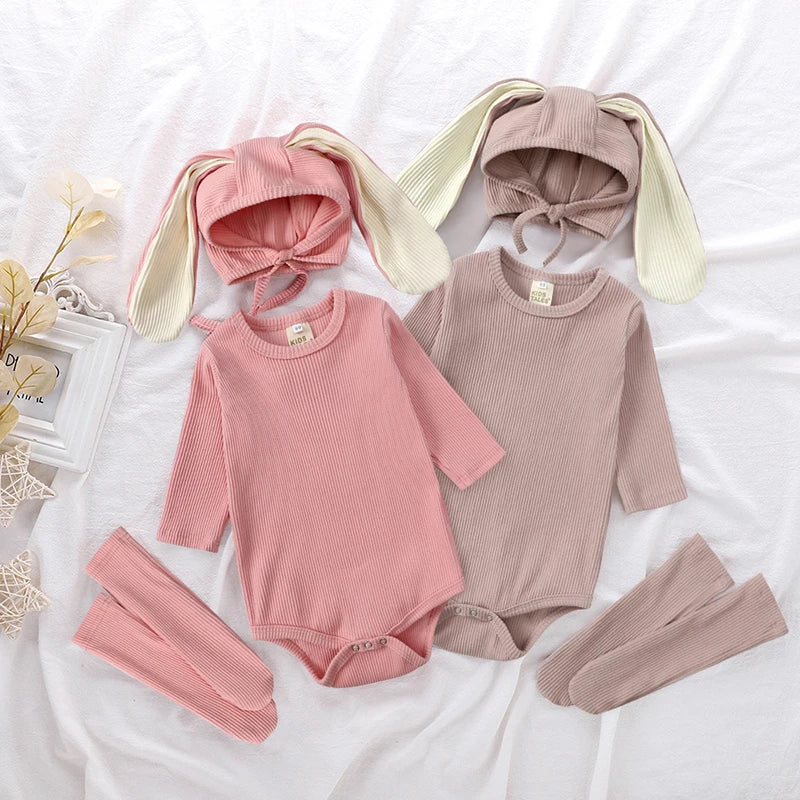 2025 Niedliches Baby-Hasen-Set – Langarm Body mit Ohren-Mütze & Kniestrümpfen | Unisex Babykleidung aus Baumwolle