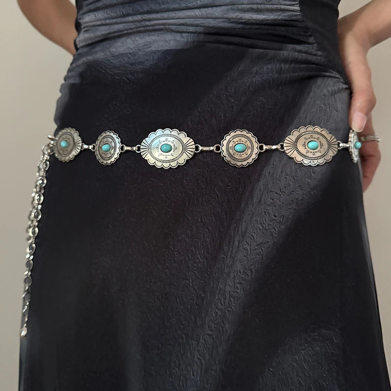 Boho Taillenkette für Damen – Silberfarbene Kette mit blauen Edelstein-Elementen | Eleganter Ellipsen-Look für Röcke & Kleider
