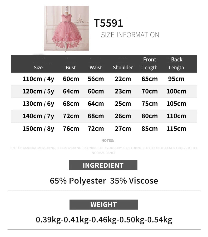 Prinzessinnenkleid für Mädchen mit Tüll & Stickerei – Rosa Partykleid mit Schleife & Schleppe – Für Geburtstag, Show & festliche Anlässe