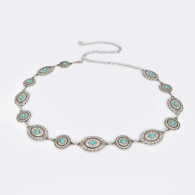 Boho Taillenkette für Damen – Silberfarbene Kette mit blauen Edelstein-Elementen | Eleganter Ellipsen-Look für Röcke & Kleider