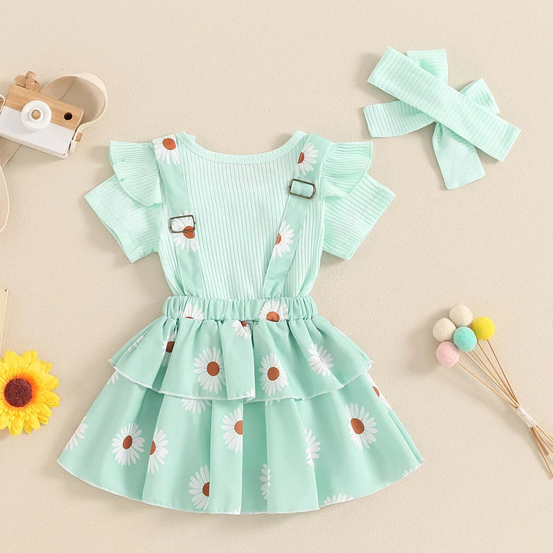 Frühlings-Outfit für Baby-Mädchen – 3-teilig: Kurzarm-Ripp-Body, Trägerrock & Haarband – von Pudcoco (0–18 Monate)