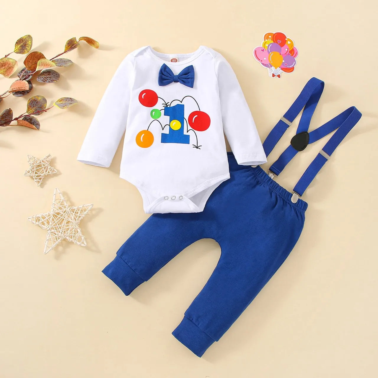 Baby Jungen Cake Smash Geburtstag Outfit – Romper mit „1“-Ballon-Aufdruck + Hosenträgerhose – 3-teiliges Set