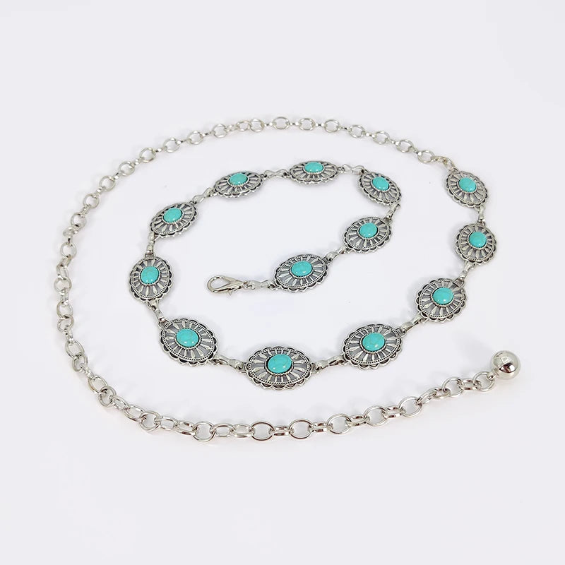 Boho Taillenkette für Damen – Silberfarbene Kette mit blauen Edelstein-Elementen | Eleganter Ellipsen-Look für Röcke & Kleider