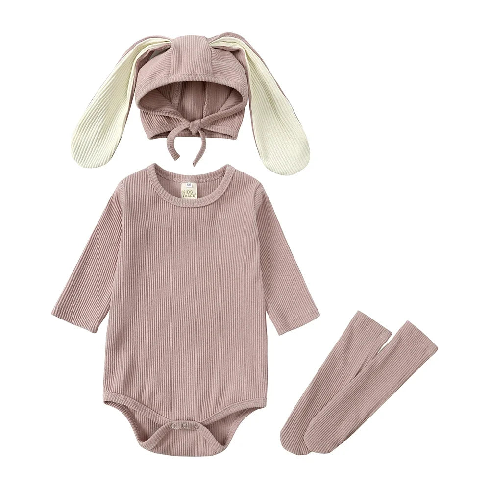 2025 Niedliches Baby-Hasen-Set – Langarm Body mit Ohren-Mütze & Kniestrümpfen | Unisex Babykleidung aus Baumwolle