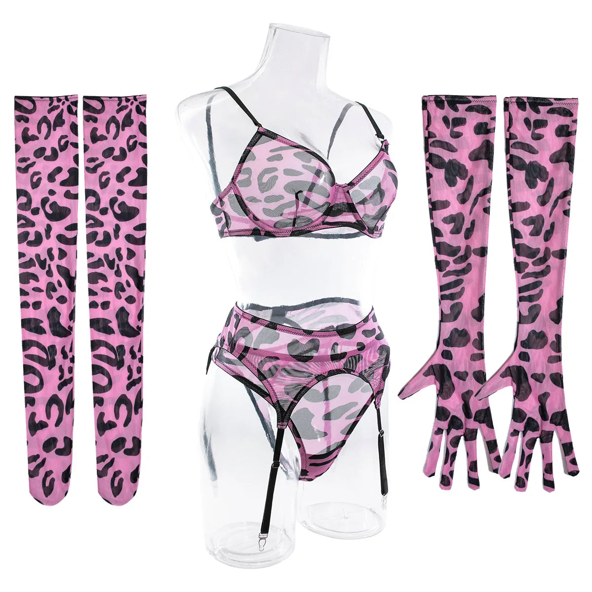 Sexy Lingerie Set in Pink Leopard Mesh – BH, Handschuhe & Beinlinge