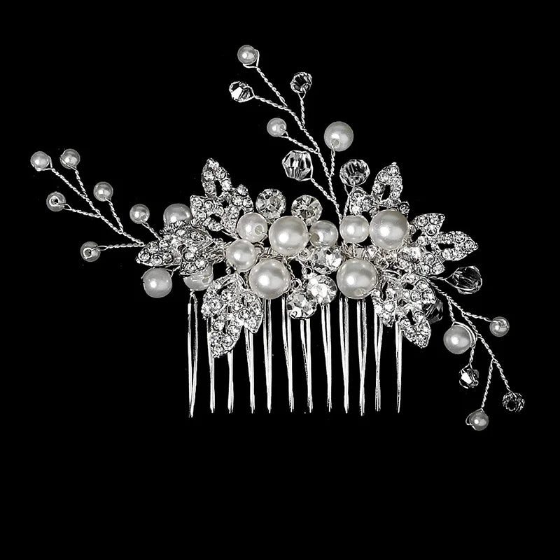 Silberner Haarkamm mit Perlen & Strass – Handgefertigtes elegantes Haarschmuck-Accessoire für Damen & Bräute