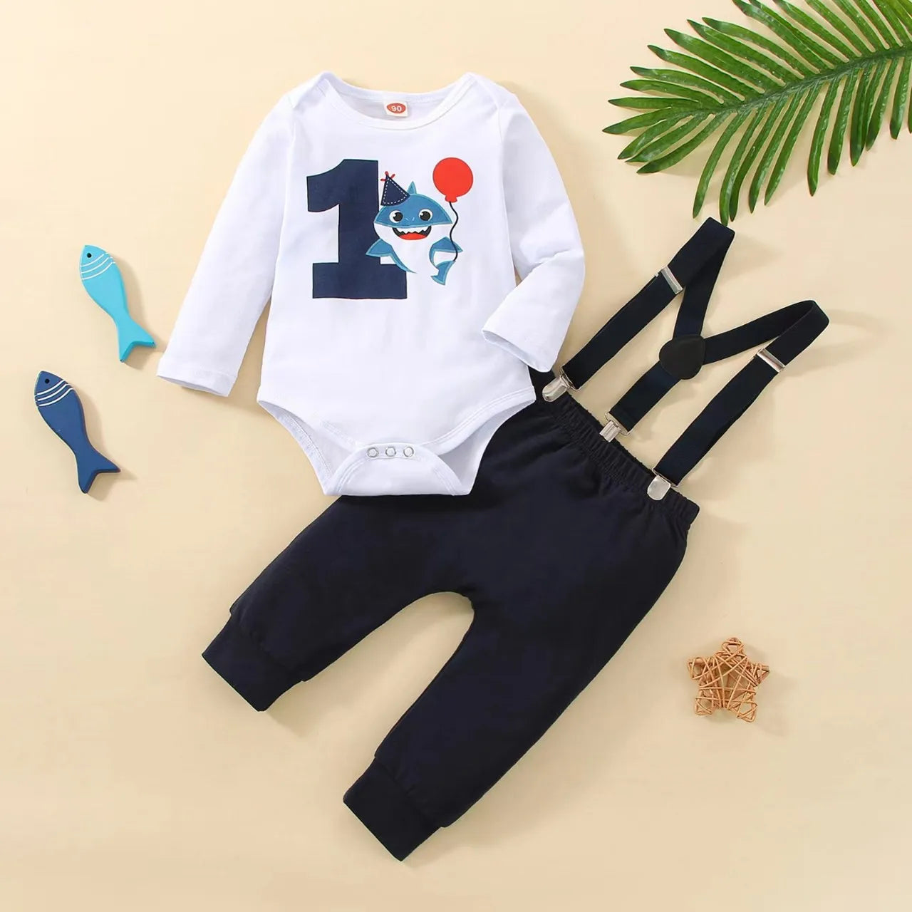 Baby Jungen Cake Smash Geburtstag Outfit – Romper mit „1“-Ballon-Aufdruck + Hosenträgerhose – 3-teiliges Set