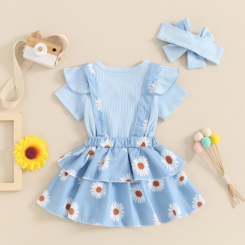 Frühlings-Outfit für Baby-Mädchen – 3-teilig: Kurzarm-Ripp-Body, Trägerrock & Haarband – von Pudcoco (0–18 Monate)