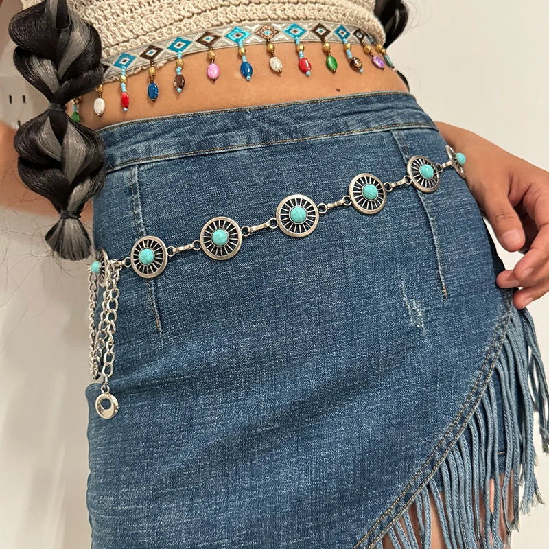 Boho Taillenkette für Damen – Silberfarbene Kette mit blauen Edelstein-Elementen | Eleganter Ellipsen-Look für Röcke & Kleider