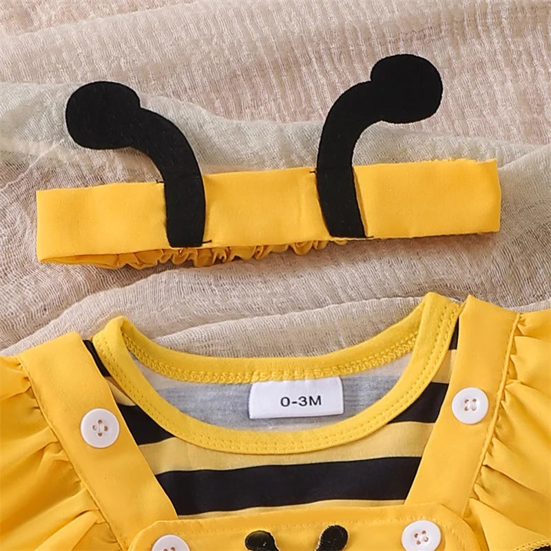 Herbst-Outfit für Baby-Mädchen – 3-teilig: Langarm-Romper mit Flügelärmeln, Trägerkleid mit Bienen-/Marienkäfer-Stickerei & Haarband – von Faithtur