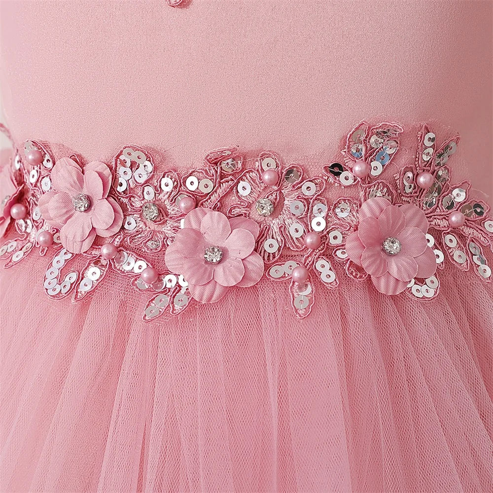 Prinzessinnenkleid für Mädchen mit Tüll & Stickerei – Rosa Partykleid mit Schleife & Schleppe – Für Geburtstag, Show & festliche Anlässe