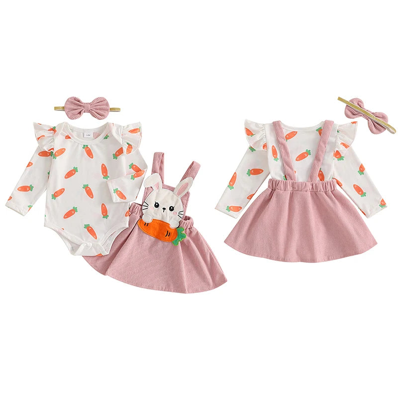 Oster-Outfit für Baby-Mädchen – 3-teilig: Karotten-Body mit langen Ärmeln, Hasen-Trägerrock & Haarband – von FOCUSNORM (0–18 Monate)