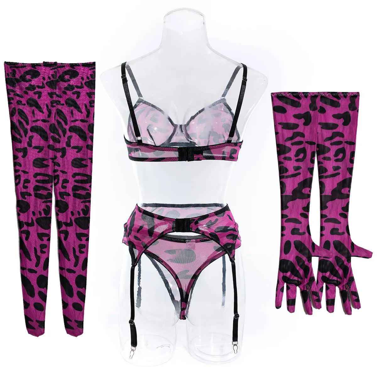 Sexy Lingerie Set in Pink Leopard Mesh – BH, Handschuhe & Beinlinge
