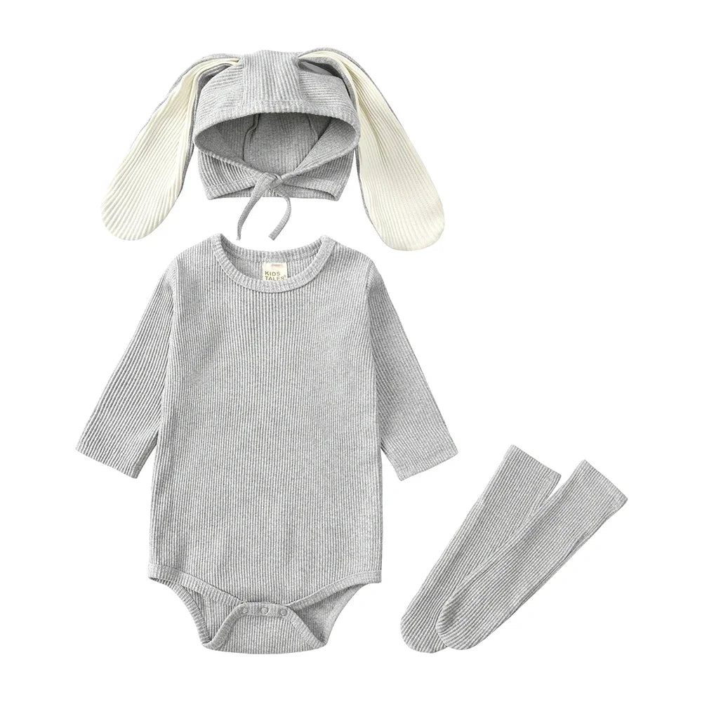 2025 Niedliches Baby-Hasen-Set – Langarm Body mit Ohren-Mütze & Kniestrümpfen | Unisex Babykleidung aus Baumwolle