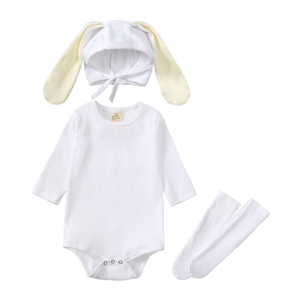 2025 Niedliches Baby-Hasen-Set – Langarm Body mit Ohren-Mütze & Kniestrümpfen | Unisex Babykleidung aus Baumwolle