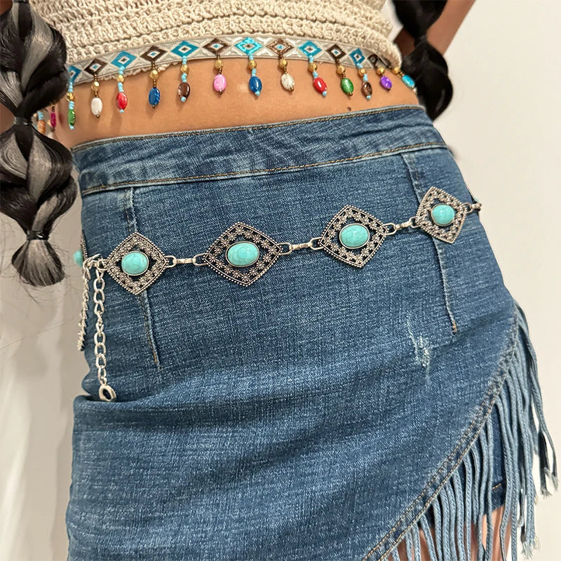 Boho Taillenkette für Damen – Silberfarbene Kette mit blauen Edelstein-Elementen | Eleganter Ellipsen-Look für Röcke & Kleider