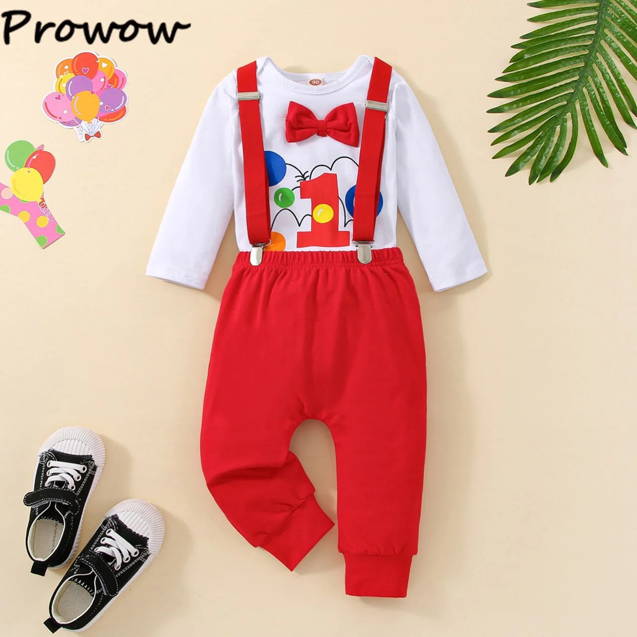 Baby Jungen Cake Smash Geburtstag Outfit – Romper mit „1“-Ballon-Aufdruck + Hosenträgerhose – 3-teiliges Set