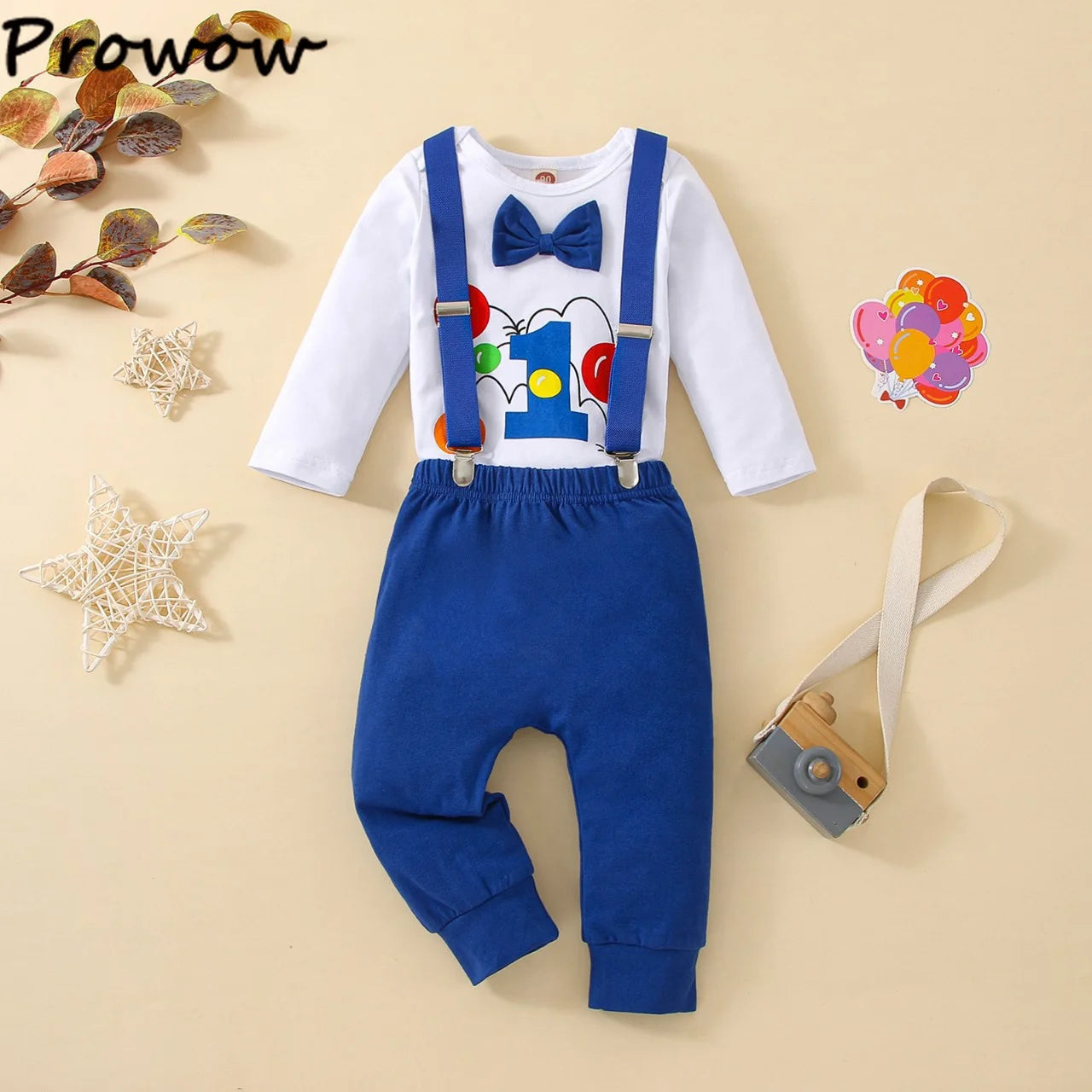 Baby Jungen Cake Smash Geburtstag Outfit – Romper mit „1“-Ballon-Aufdruck + Hosenträgerhose – 3-teiliges Set