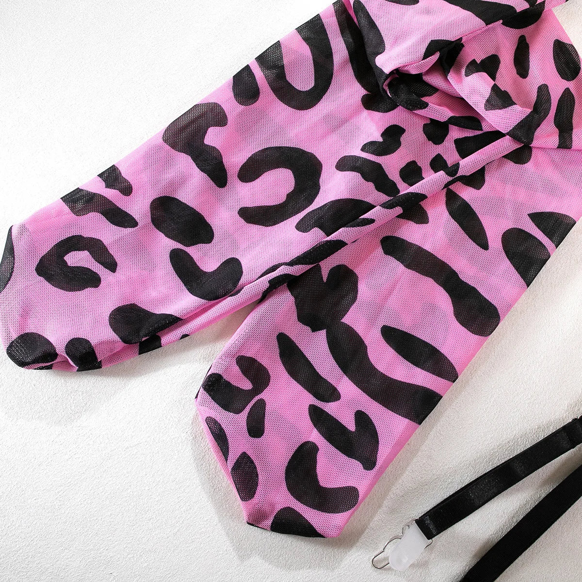 Sexy Lingerie Set in Pink Leopard Mesh – BH, Handschuhe & Beinlinge