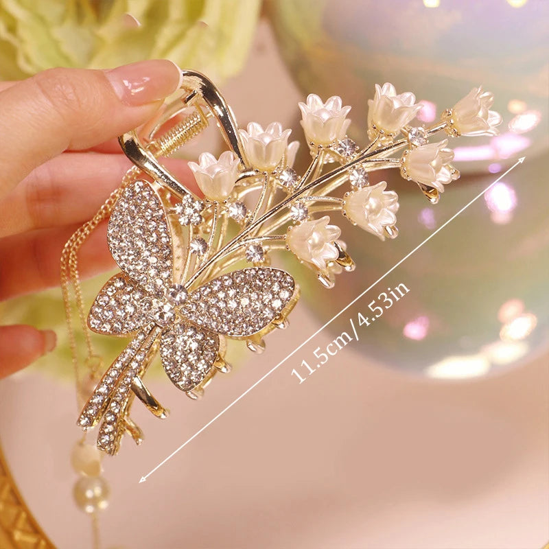 Luxuriöse Haarspange mit Strass, Glockenblume, Rose & Schmetterling – Elegante Haarklammer mit Quaste für Damen