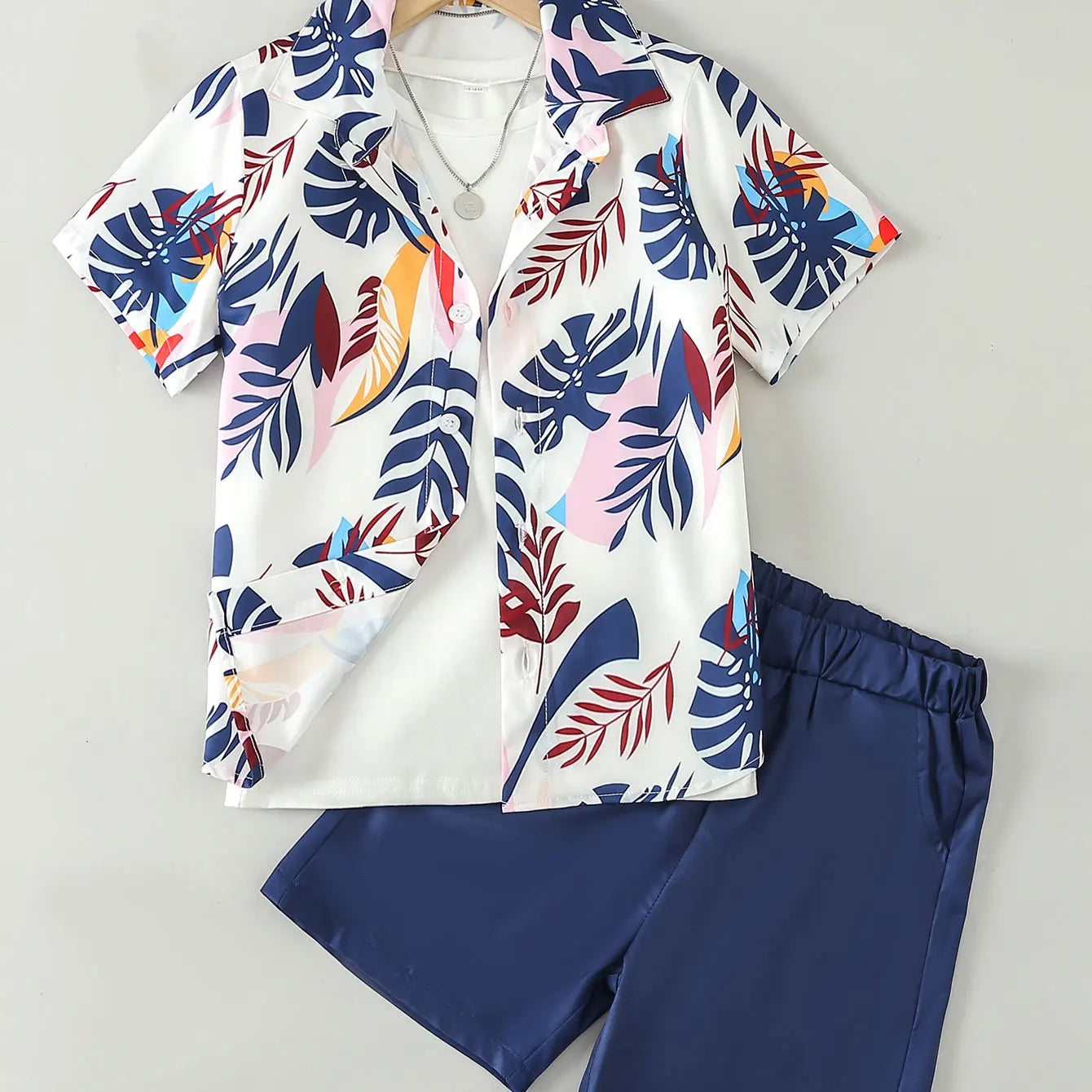 2-teiliges Sommer-Outfit für Jungen – Kurzarmhemd & Shorts im Gentleman-Stil mit Palmenblatt-Print | Für Kinder von 7–13 Jahren