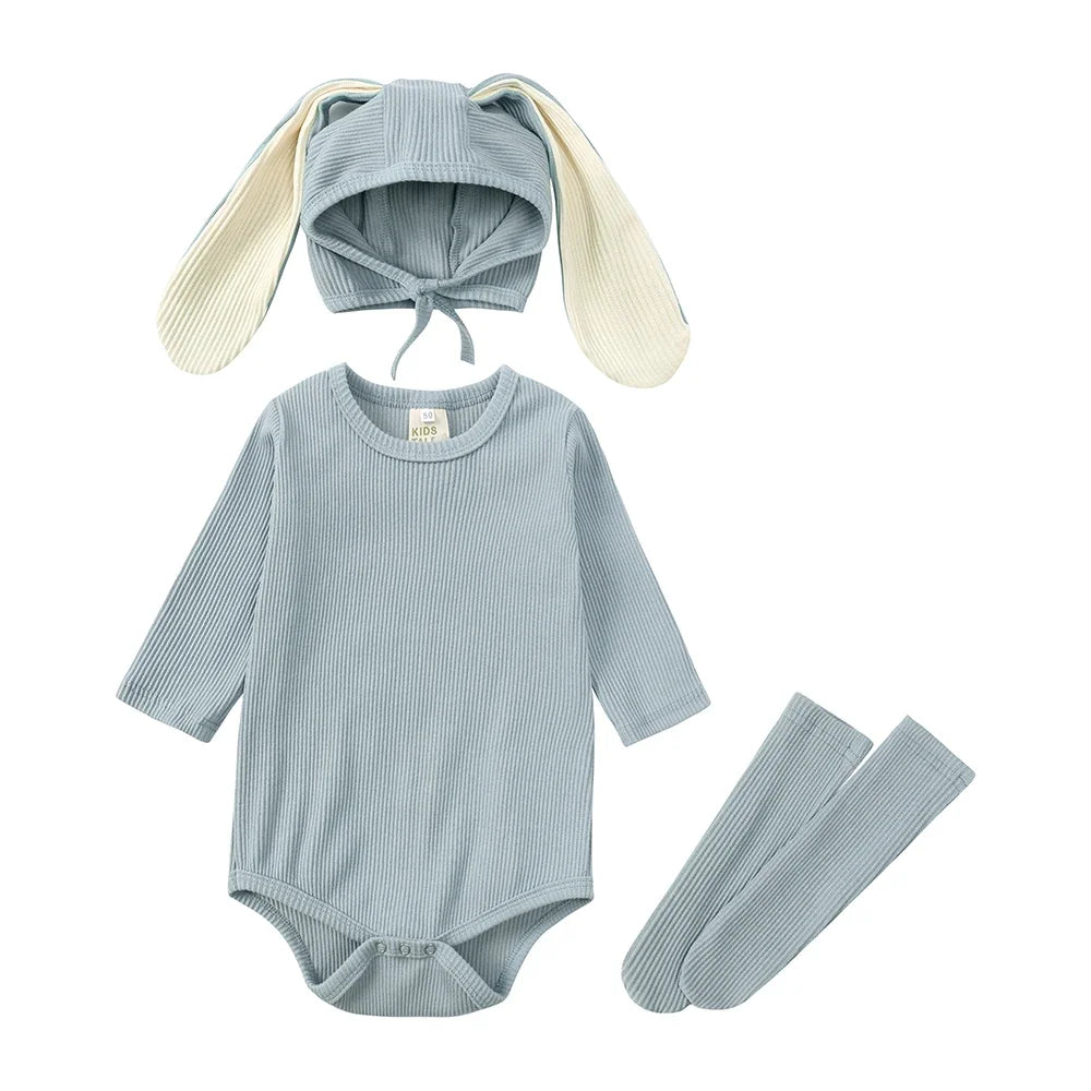 2025 Niedliches Baby-Hasen-Set – Langarm Body mit Ohren-Mütze & Kniestrümpfen | Unisex Babykleidung aus Baumwolle
