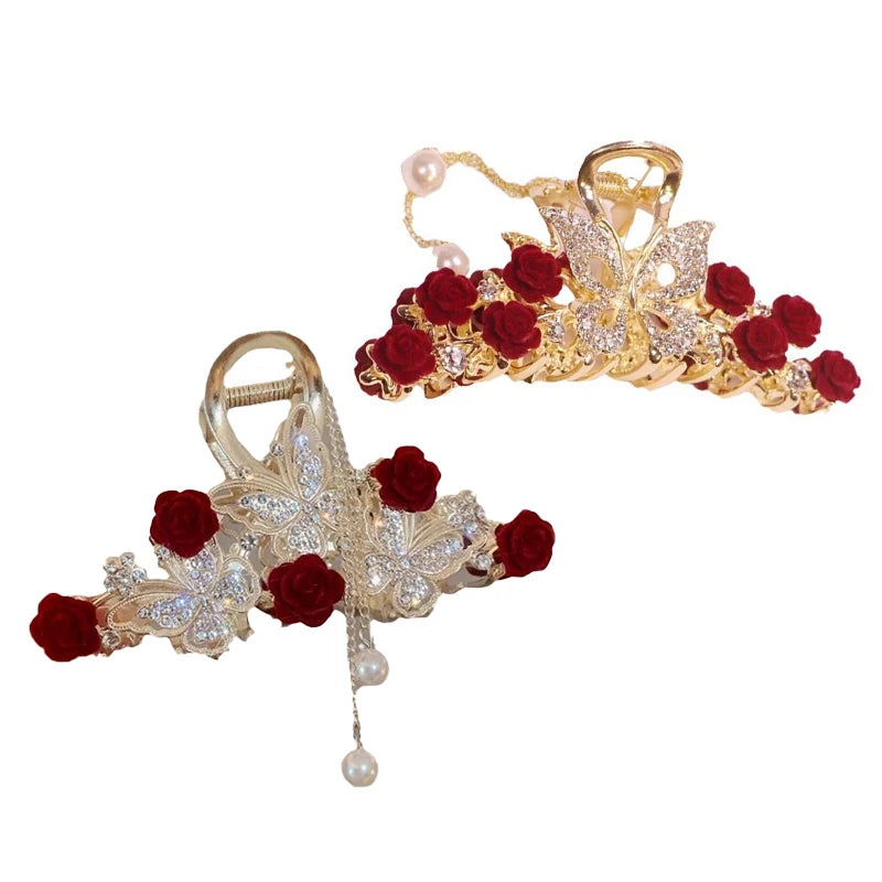 Luxuriöse Haarspange mit Strass, Glockenblume, Rose & Schmetterling – Elegante Haarklammer mit Quaste für Damen