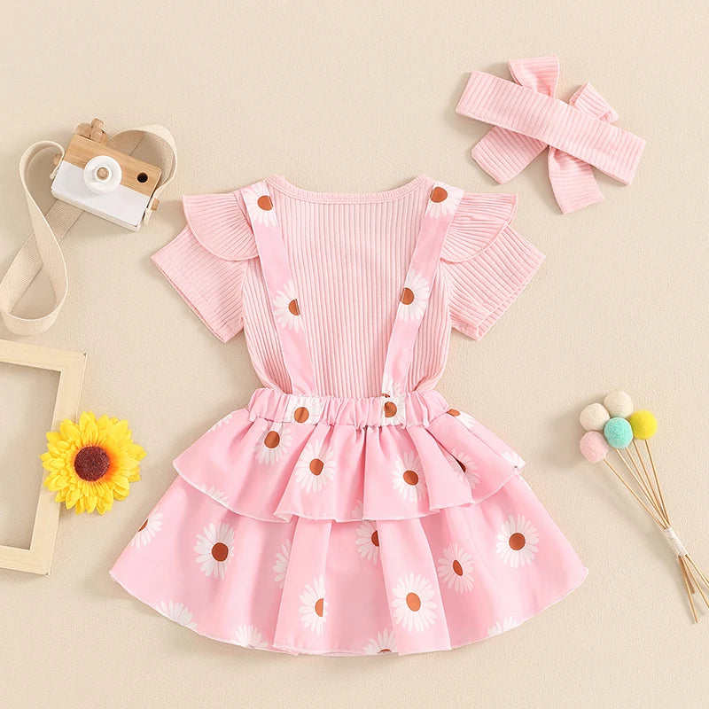 Frühlings-Outfit für Baby-Mädchen – 3-teilig: Kurzarm-Ripp-Body, Trägerrock & Haarband – von Pudcoco (0–18 Monate)