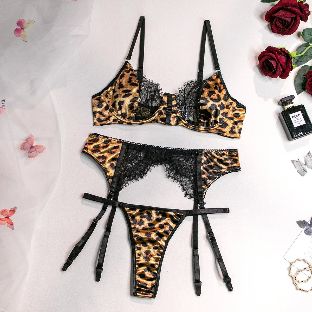 Sexy Lingerie Set in Pink Leopard Mesh – BH, Handschuhe & Beinlinge