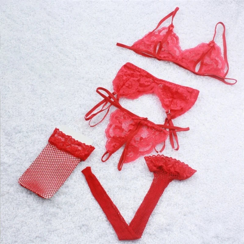 Verführerisches 4-teiliges Dessous-Set für Damen – Push-Up BH, Tanga, Strapse & Spitzen-Sling – Sexy & transparent