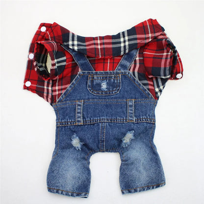Hund / Katze Jeans-Hoodie Jumpsuit – Kariertes Denim-Outfit mit Kapuze für Frühling & Herbst – 4 Farben