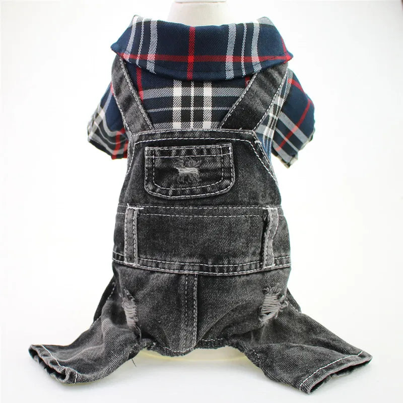 Hund / Katze Jeans-Hoodie Jumpsuit – Kariertes Denim-Outfit mit Kapuze für Frühling & Herbst – 4 Farben