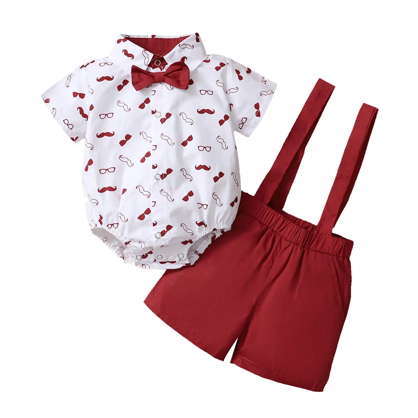 Sommer-Outfit für Baby-Jungen – 2-teilig: Hemd mit Bart-Print & Hosenträger-Shorts – stilvoll & verspielt (0–18 Monate)