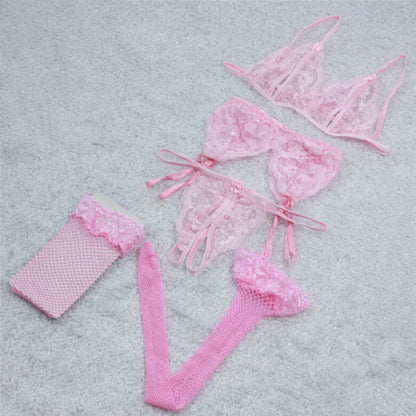 Verführerisches 4-teiliges Dessous-Set für Damen – Push-Up BH, Tanga, Strapse & Spitzen-Sling – Sexy & transparent