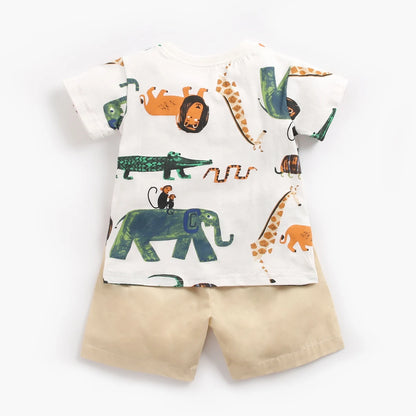 Sommer-Babyset für Jungen – 2-teiliges Baumwoll-Outfit mit Kurzarmshirt & Shorts im Cartoon-Stil (0–12 Monate)