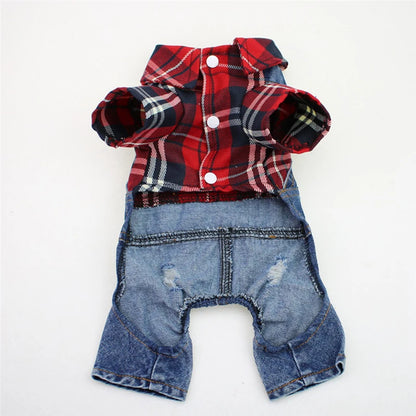 Hund / Katze Jeans-Hoodie Jumpsuit – Kariertes Denim-Outfit mit Kapuze für Frühling & Herbst – 4 Farben
