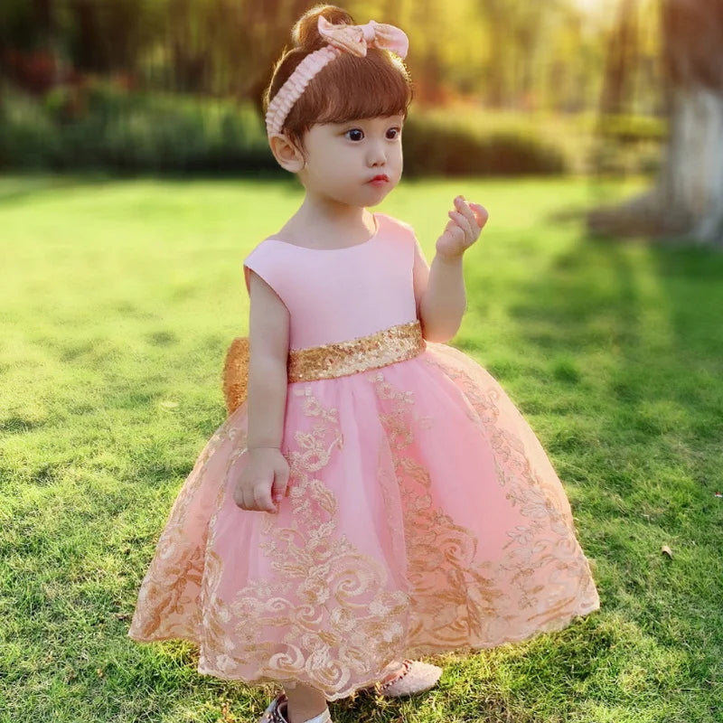 Sommerliches Prinzessinnenkleid für Mädchen – Ärmellos mit Rückenschleife & Pailletten – Festliches Kleid für Hochzeit, Party & Geburtstag
