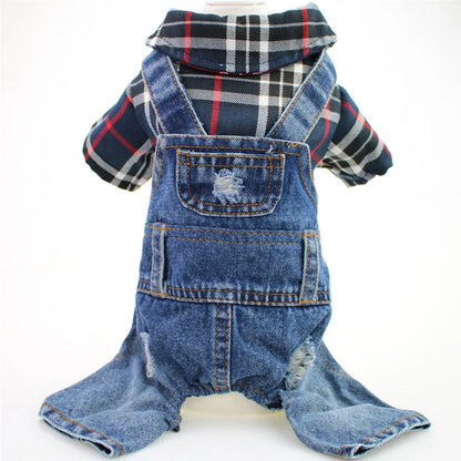 Hund / Katze Jeans-Hoodie Jumpsuit – Kariertes Denim-Outfit mit Kapuze für Frühling & Herbst – 4 Farben