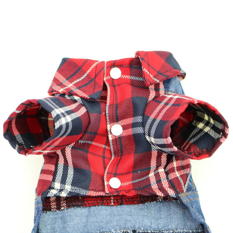 Hund / Katze Jeans-Hoodie Jumpsuit – Kariertes Denim-Outfit mit Kapuze für Frühling & Herbst – 4 Farben