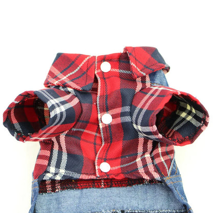 Hund / Katze Jeans-Hoodie Jumpsuit – Kariertes Denim-Outfit mit Kapuze für Frühling & Herbst – 4 Farben