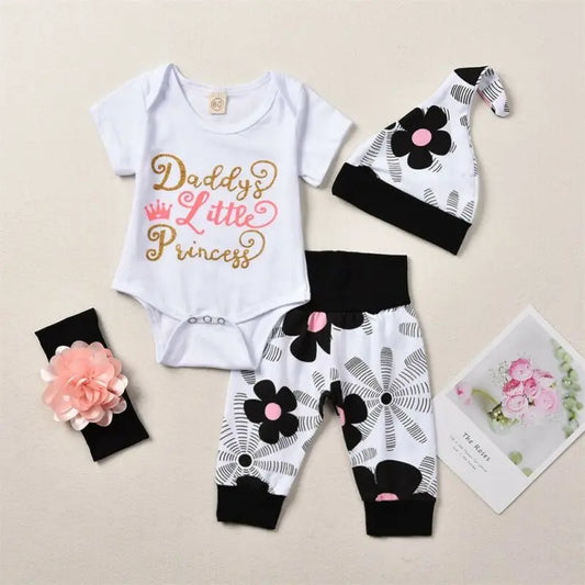🌸 4-teiliges Sommer-Set für Neugeborene – Baby Mädchen Romper + Blumenhose + Hut + Haarband (0–24 Monate)