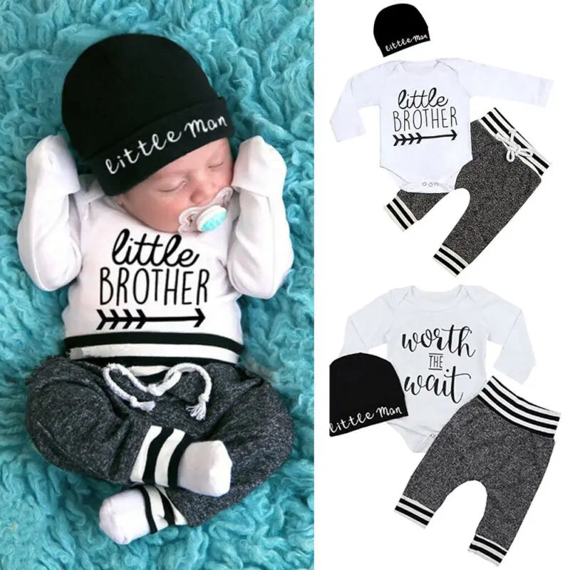 3-teiliges Babyset für Neugeborene – „Little Brother“ Langarm-Body mit Hose & Mütze – Baumwoll-Outfit für Jungen (0–24 Monate)