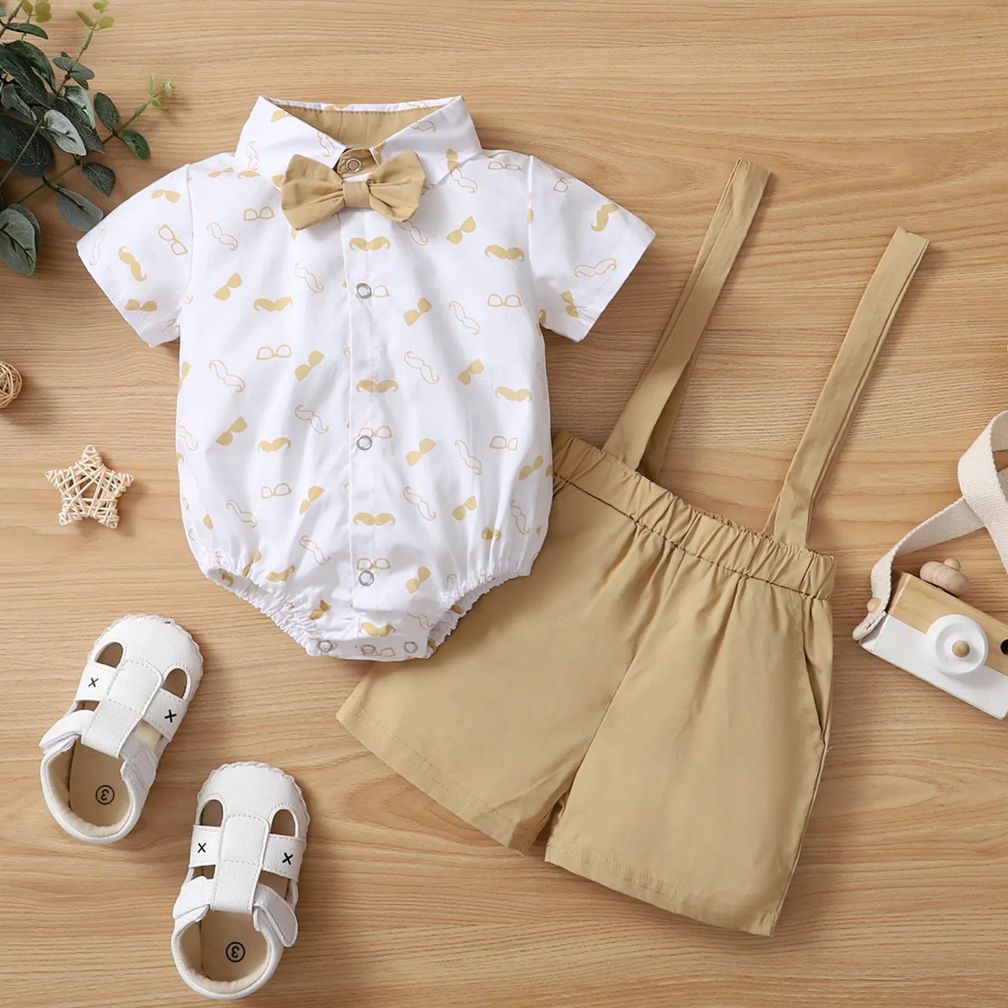 Sommer-Outfit für Baby-Jungen – 2-teilig: Hemd mit Bart-Print & Hosenträger-Shorts – stilvoll & verspielt (0–18 Monate)