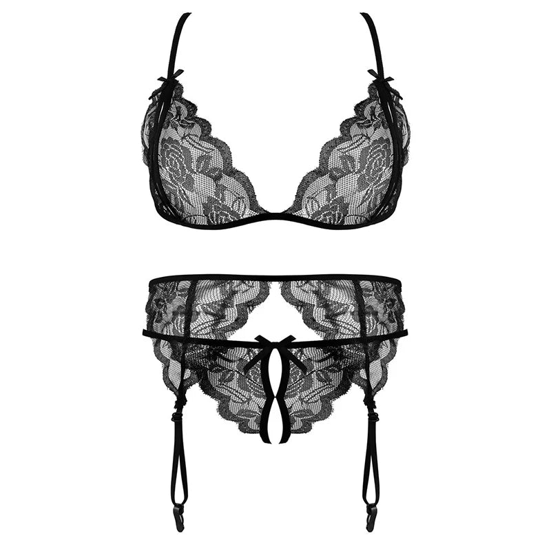 Verführerisches 4-teiliges Dessous-Set für Damen – Push-Up BH, Tanga, Strapse & Spitzen-Sling – Sexy & transparent