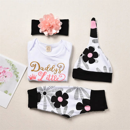 🌸 4-teiliges Sommer-Set für Neugeborene – Baby Mädchen Romper + Blumenhose + Hut + Haarband (0–24 Monate)