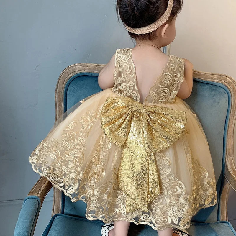 Sommerliches Prinzessinnenkleid für Mädchen – Ärmellos mit Rückenschleife & Pailletten – Festliches Kleid für Hochzeit, Party & Geburtstag