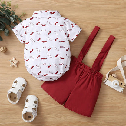 Sommer-Outfit für Baby-Jungen – 2-teilig: Hemd mit Bart-Print & Hosenträger-Shorts – stilvoll & verspielt (0–18 Monate)