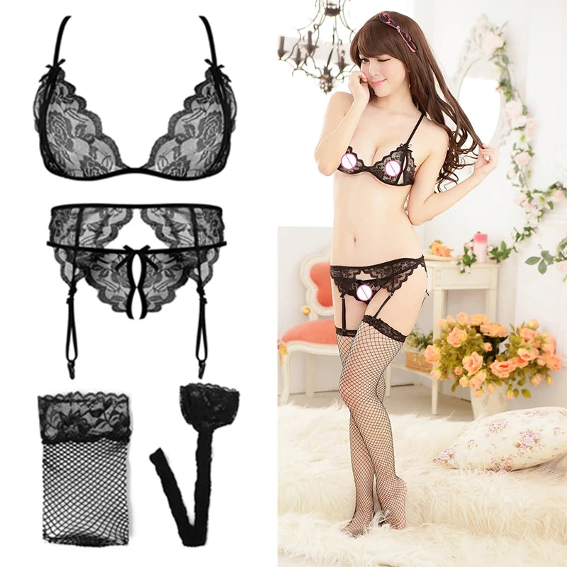 Verführerisches 4-teiliges Dessous-Set für Damen – Push-Up BH, Tanga, Strapse & Spitzen-Sling – Sexy & transparent